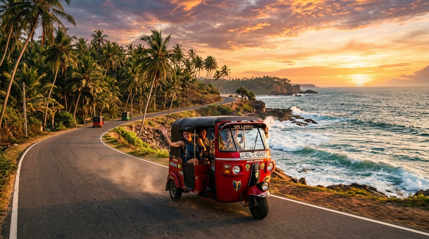Travelers exploring Sri Lanka in an Alma Tours Tuk-Tuk